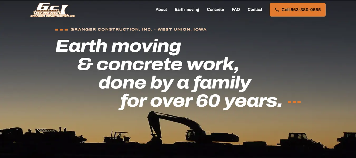 Granger Construction homepage: the headline “Earth moving and concrete work, done by a family for over 60 years” over silhouetted excavators at dusk, with a cell number button in the header.